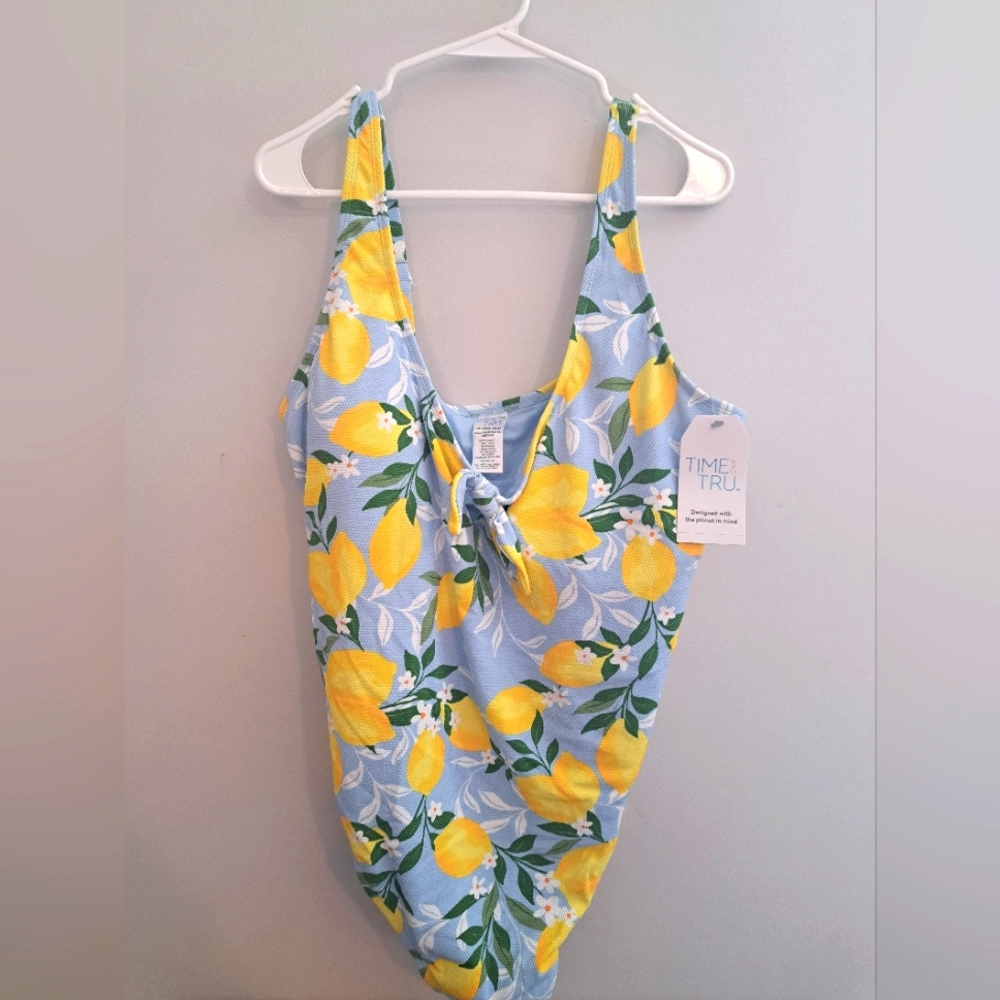 Time and Tru Lemon Print One Piece Swimsuit - Blue and Yellow